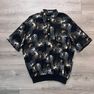 Alan Stuart Mens Black Abstract Burst Polo Shirt Short Sleeve Banded Hem Size M